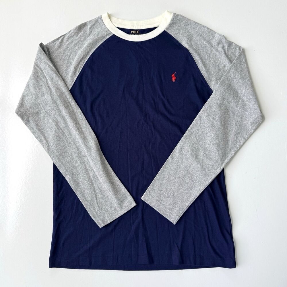 Polo Ralph Lauren Boys XL Navy Gray Raglan Long Sleeve Shirt Red Pony "67" Back